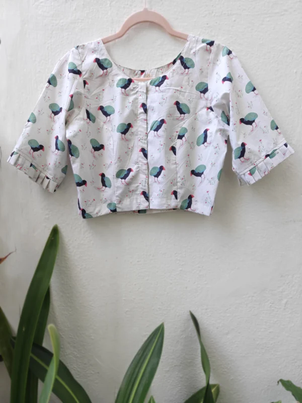 Takahe Bird Cotton Blouse Elbow Sleeve